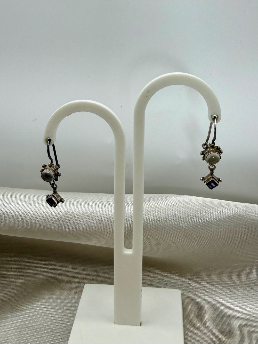 Vintage Sterling Silver Moon Glow & Purple Gemstone Dangle Earrings